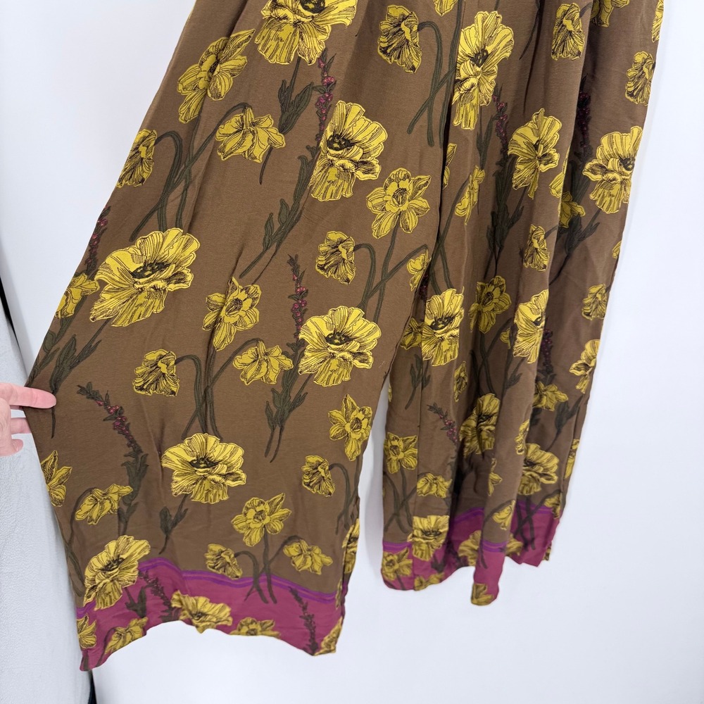 Maeve Anthropologie Terrace Floral Wide Leg Pants Brown Yellow Poppy Smocked 6 - Picture 4 of 9